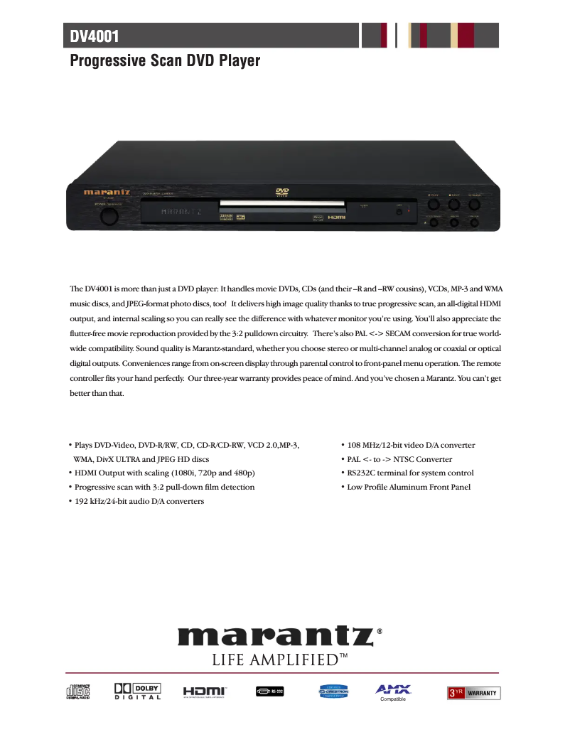 Page 1 de la notice Fiche technique Marantz DV4001