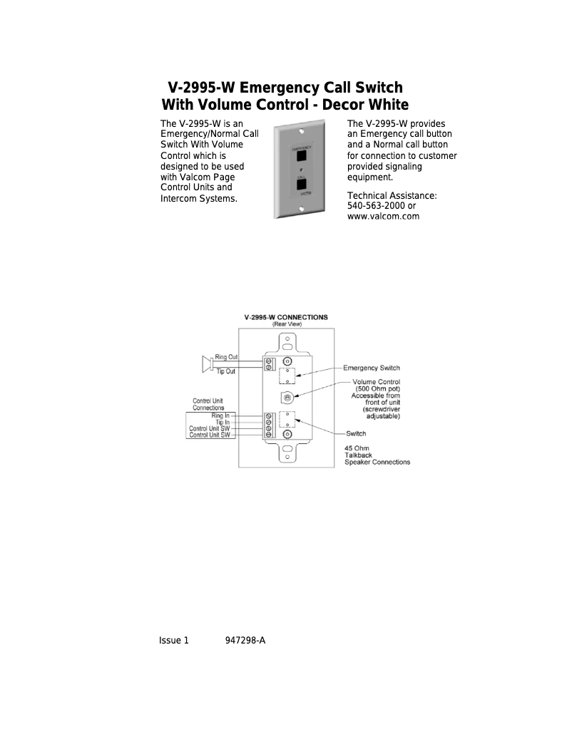 Page 1 de la notice Manuel utilisateur Valcom V-2995