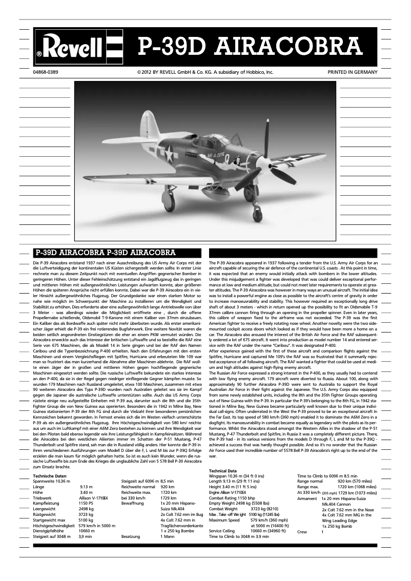 Page n°1 - Manuel utilisateur Revell P-39D Airacobra