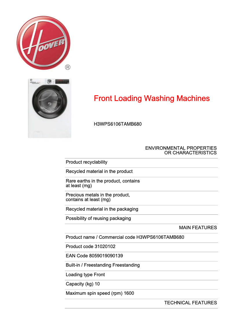Page n°1 - Fiche technique Hoover H3WPS6106TAMB680