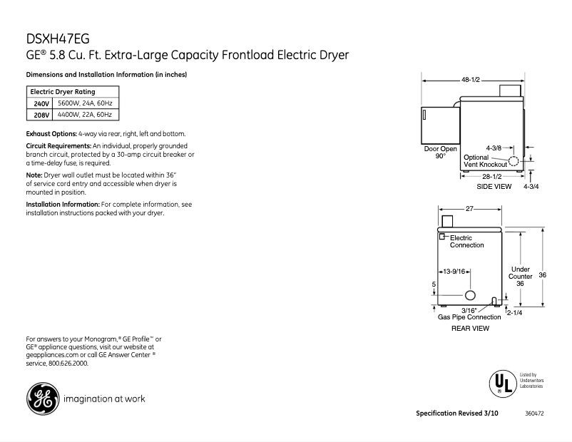 First page image of the manual for DSXH47EGWW