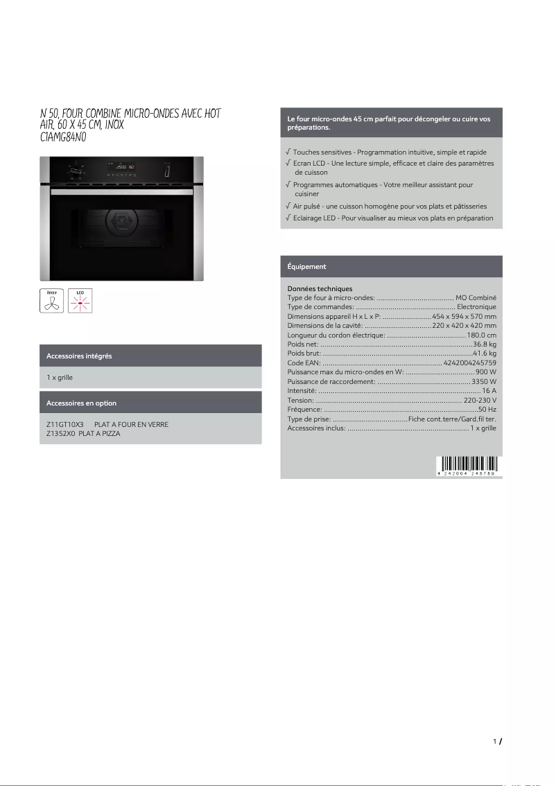 Page 1 de la notice Fiche technique Neff C1AMG84N0