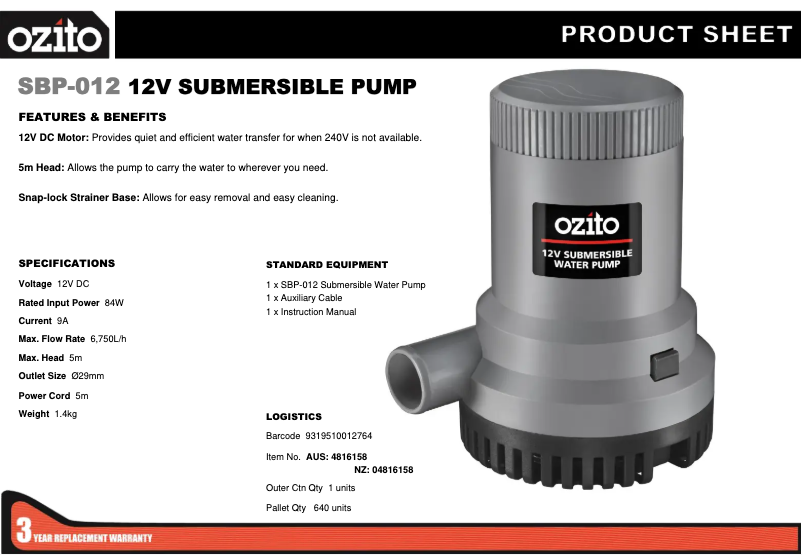 Page 1 de la notice Fiche technique Ozito SBP-0121
