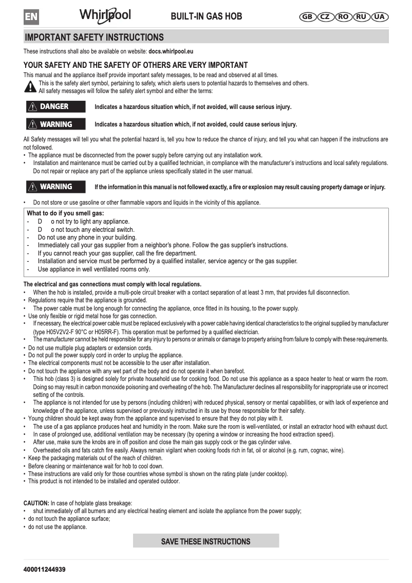 Page 1 de la notice Manuel utilisateur Whirlpool GOW 6423/NB EE