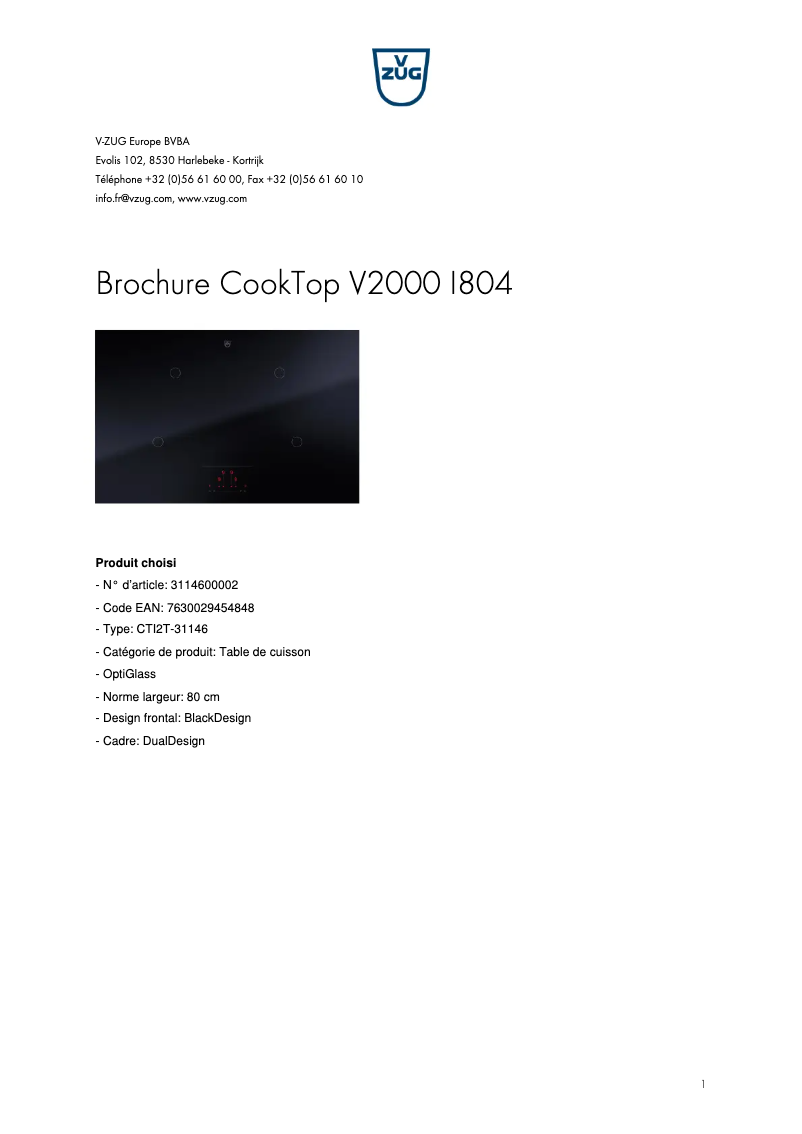 Page 1 de la notice Brochure V-Zug CookTop V2000 I804