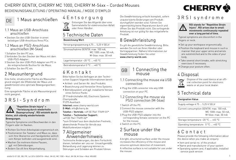 Image de la première page du manuel de l'appareil M-5400-0 mice