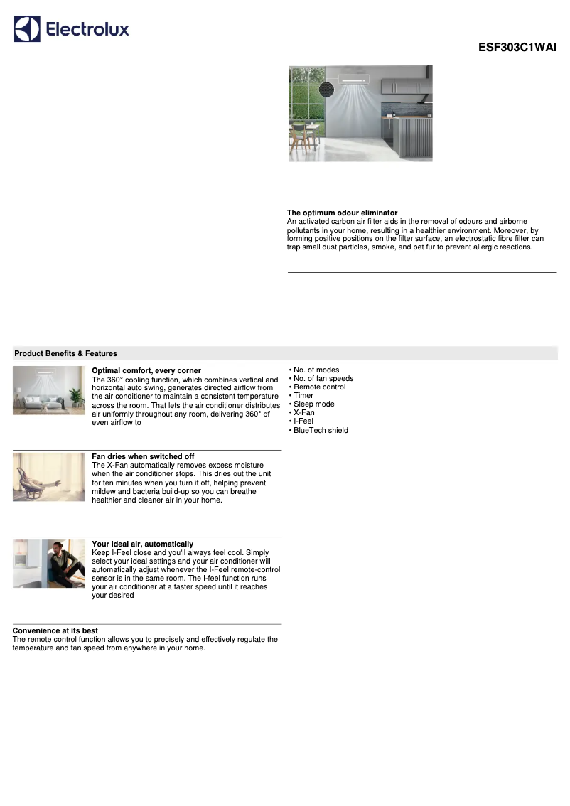 Page 1 de la notice Fiche technique Electrolux ESF303C1WAI