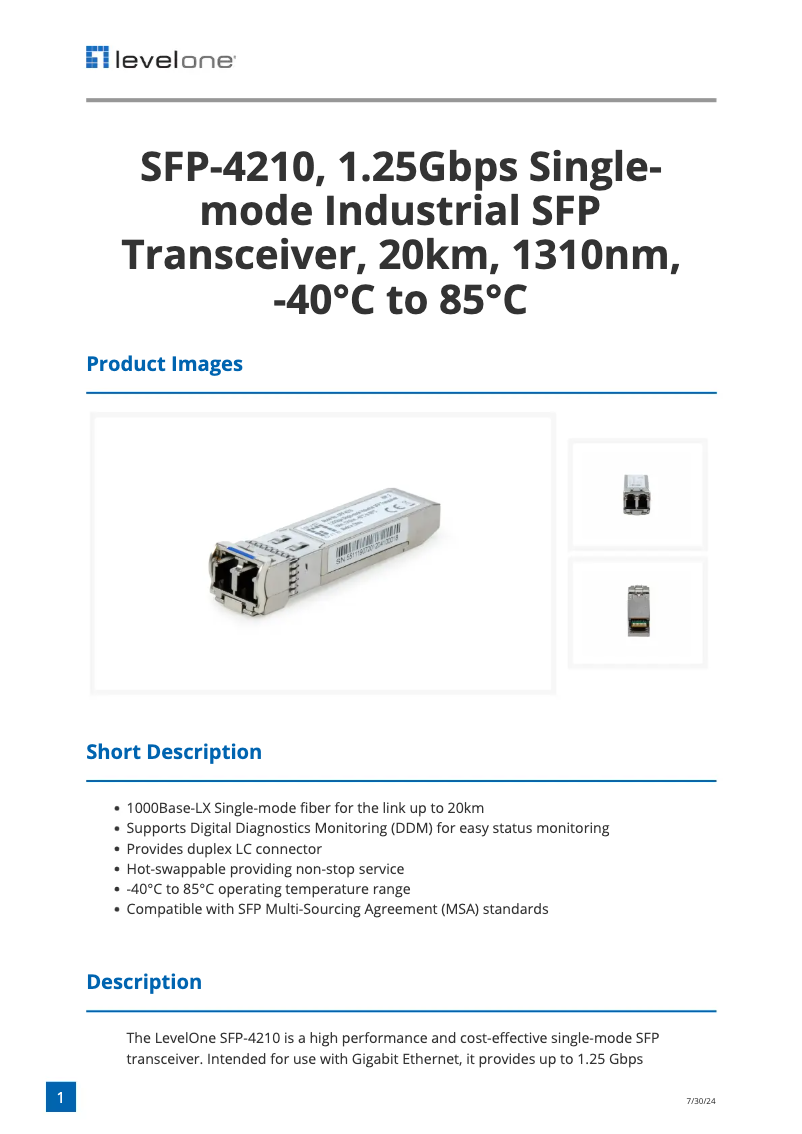 Page n°1 - Fiche technique LevelOne SFP-4210