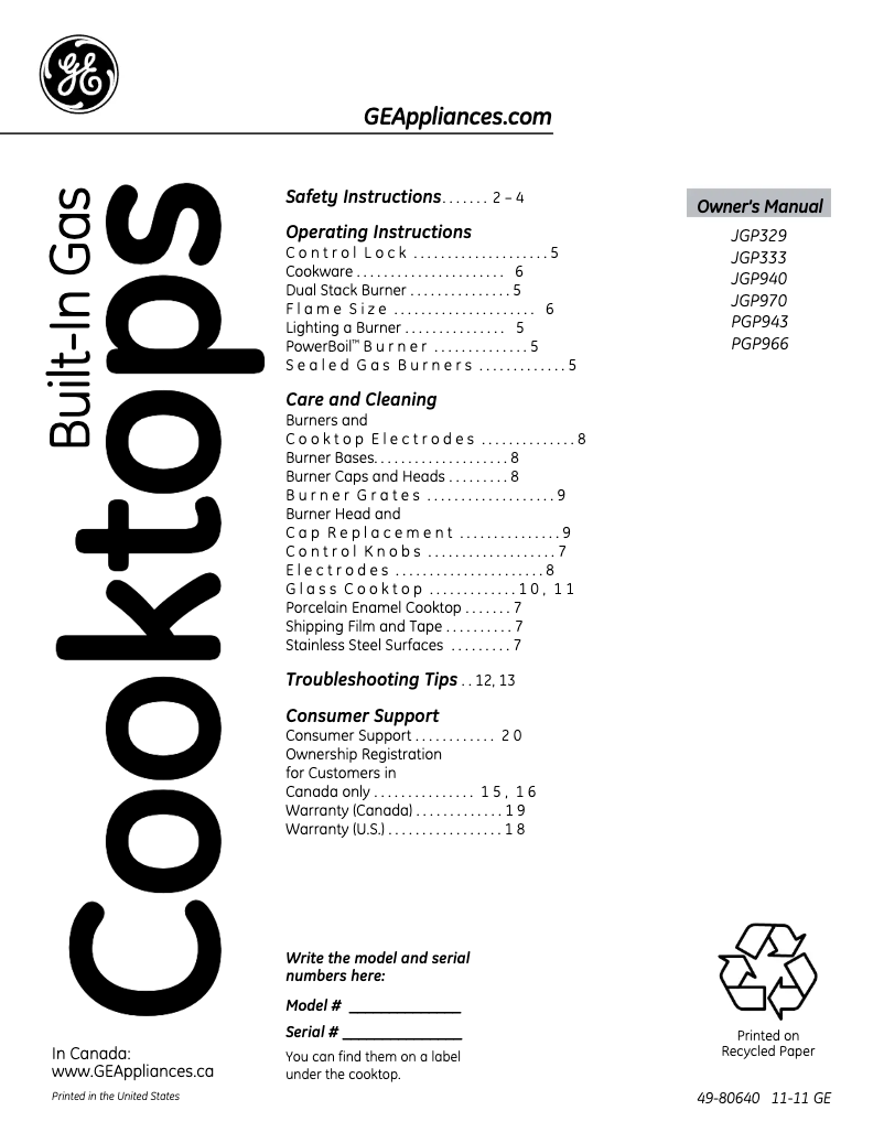 Page n°1 - Manuel d'utilisation et d'entretien GE JGP329DETCC