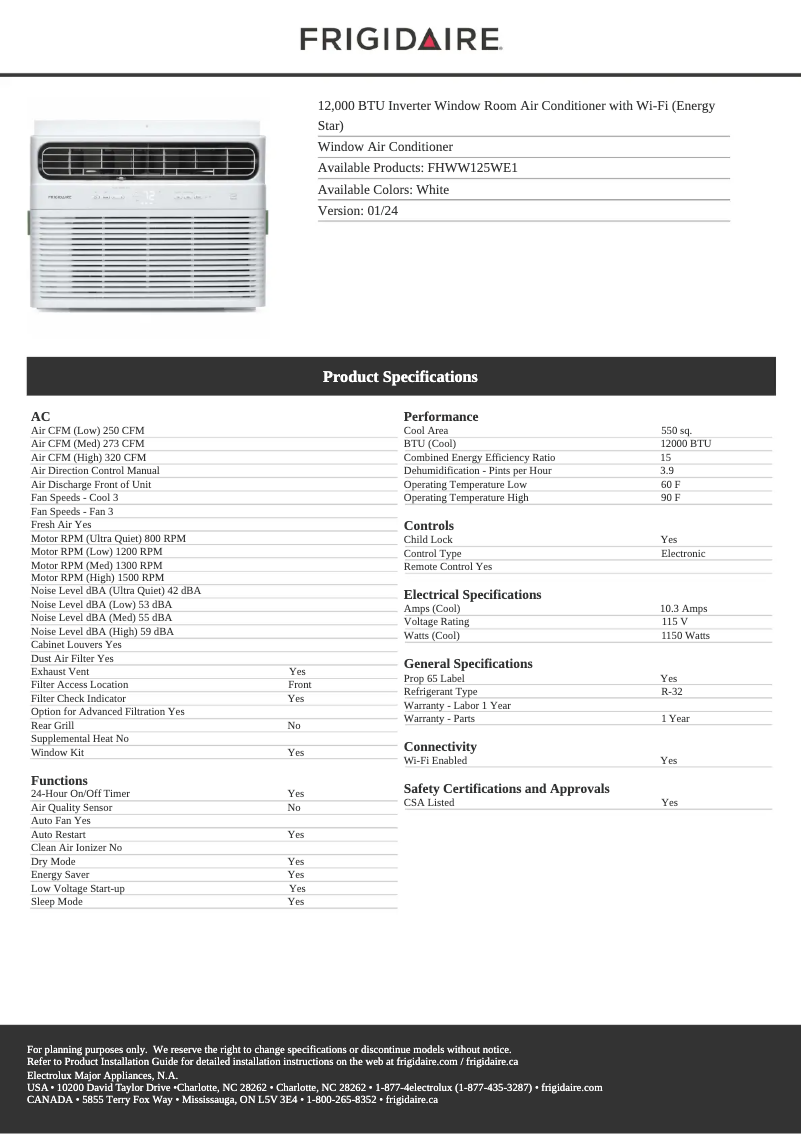 Page n°1 - Fiche technique Frigidaire FHWW125WE1