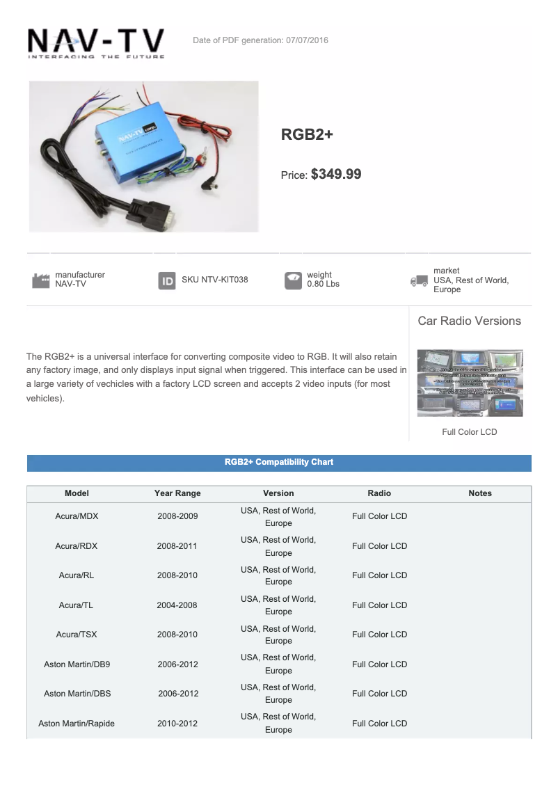 Page 1 de la notice Fiche technique NAV-TV RGB2+ NTV-KIT038