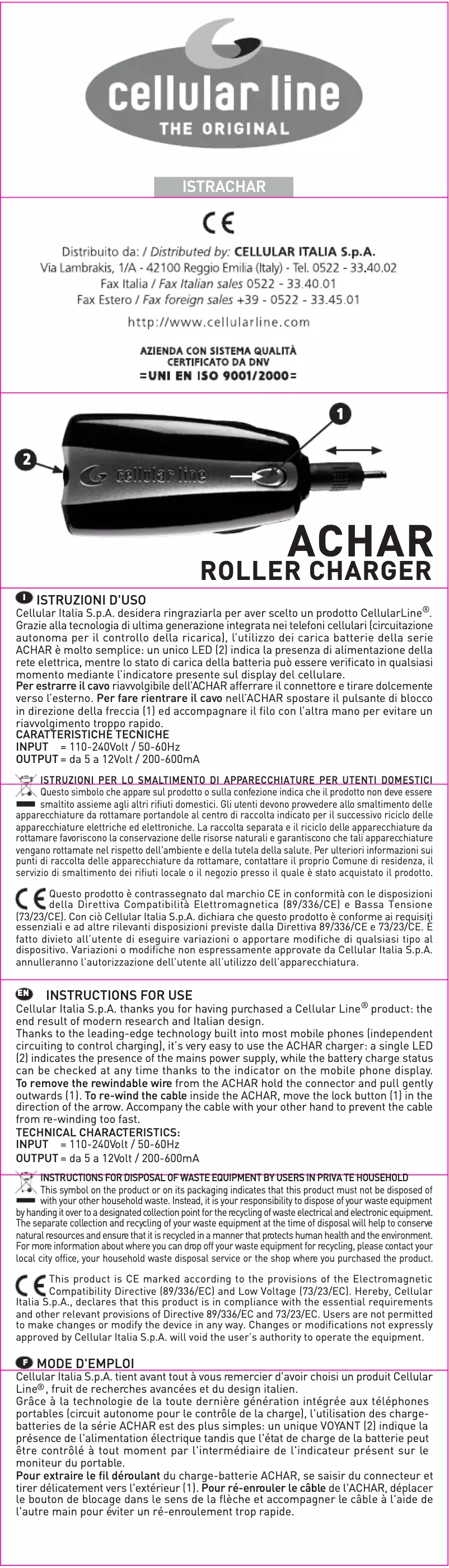 Page 1 de la notice Manuel utilisateur Cellular Line ACHARLGW7000