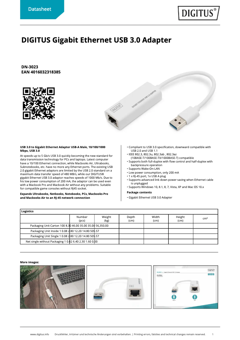 Page 1 de la notice Fiche technique Digitus DN-3023