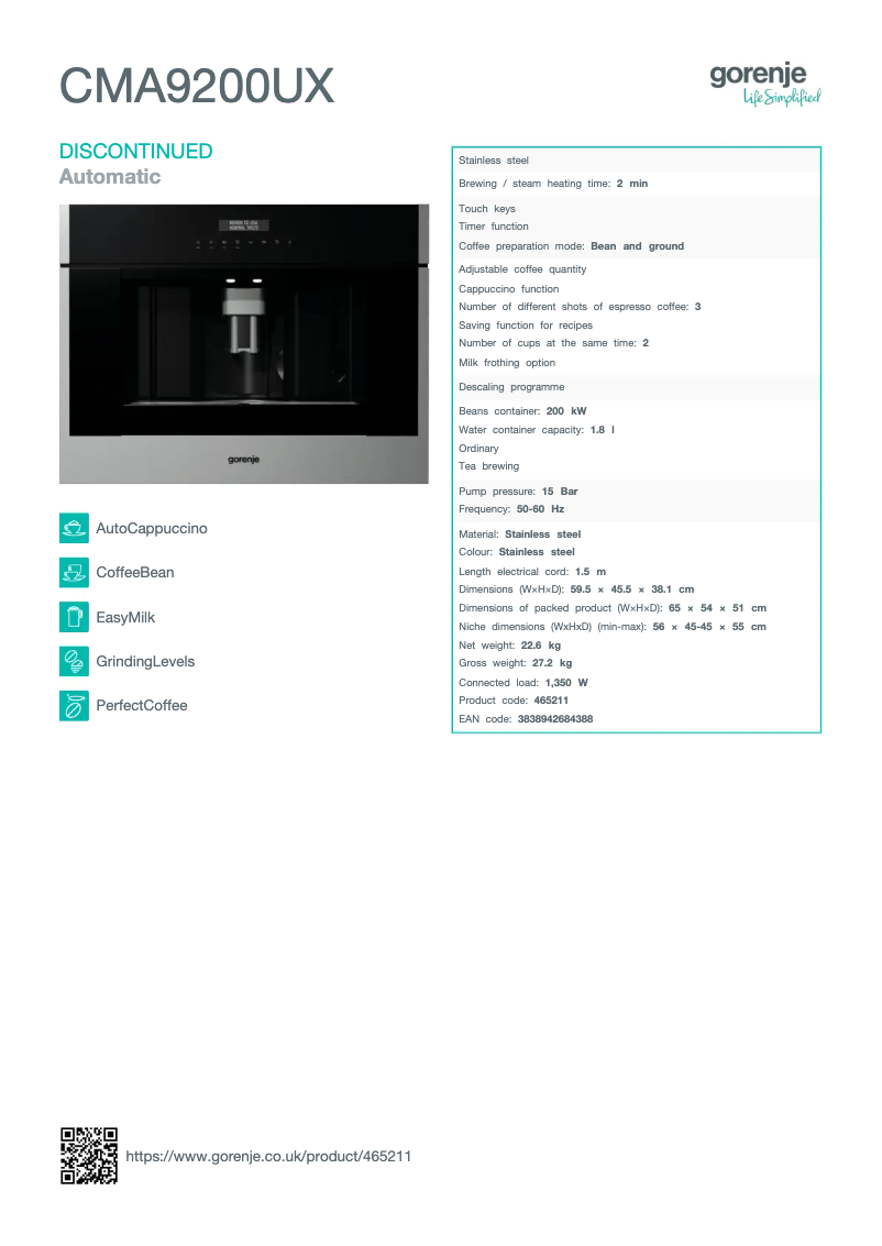 Page n°1 - Fiche technique Gorenje CMA9200UX