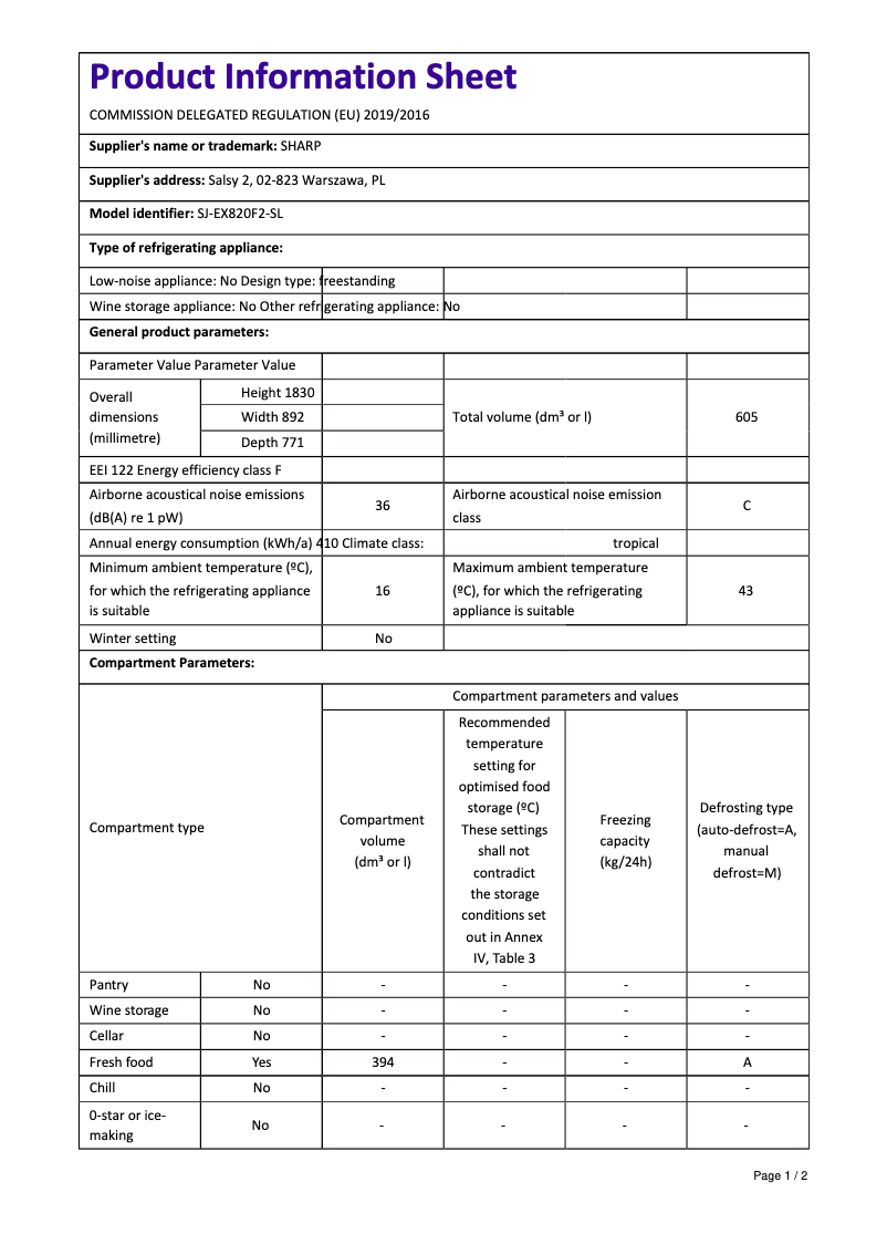 Page 1 de la notice Manuel utilisateur Sharp SJ-EX820F2