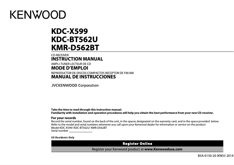 Image de la première page du manuel de l'appareil KMR-D562BT