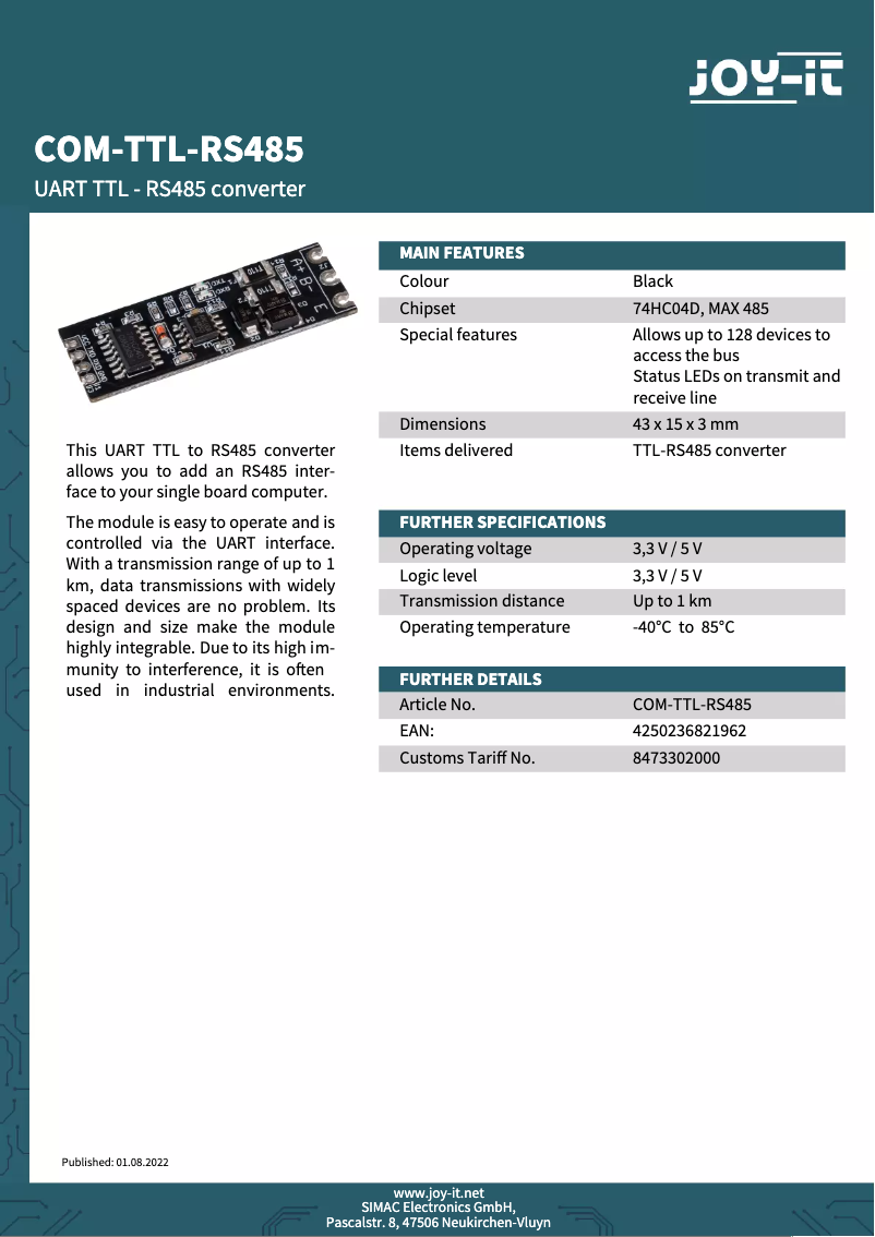 Imagen de la primera página del manual del dispositivo COM-TTL-RS485