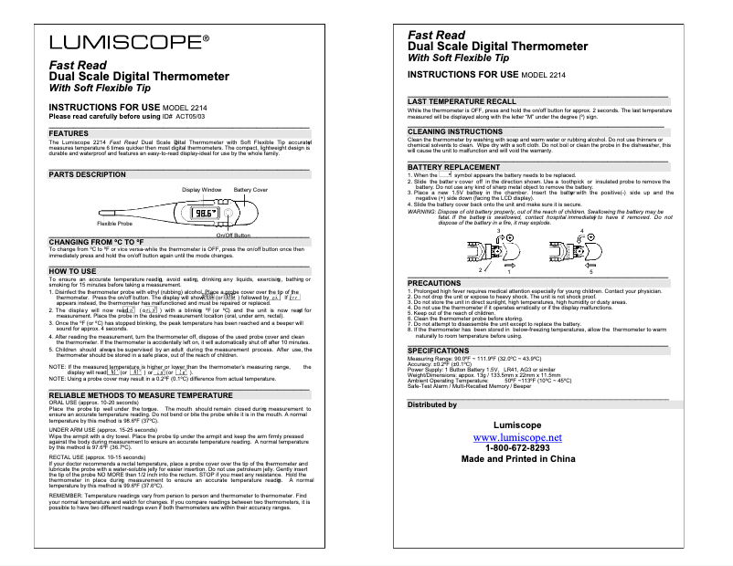 Page 1 de la notice Manuel utilisateur Lumiscope 2214