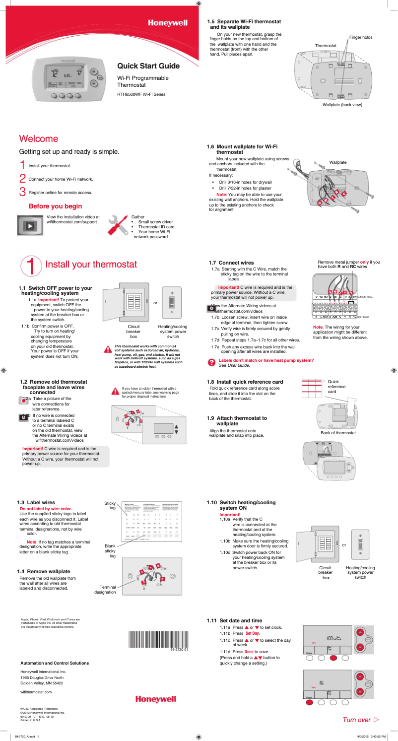 Page n°1 - Instructions / montage Honeywell RTH6580WF