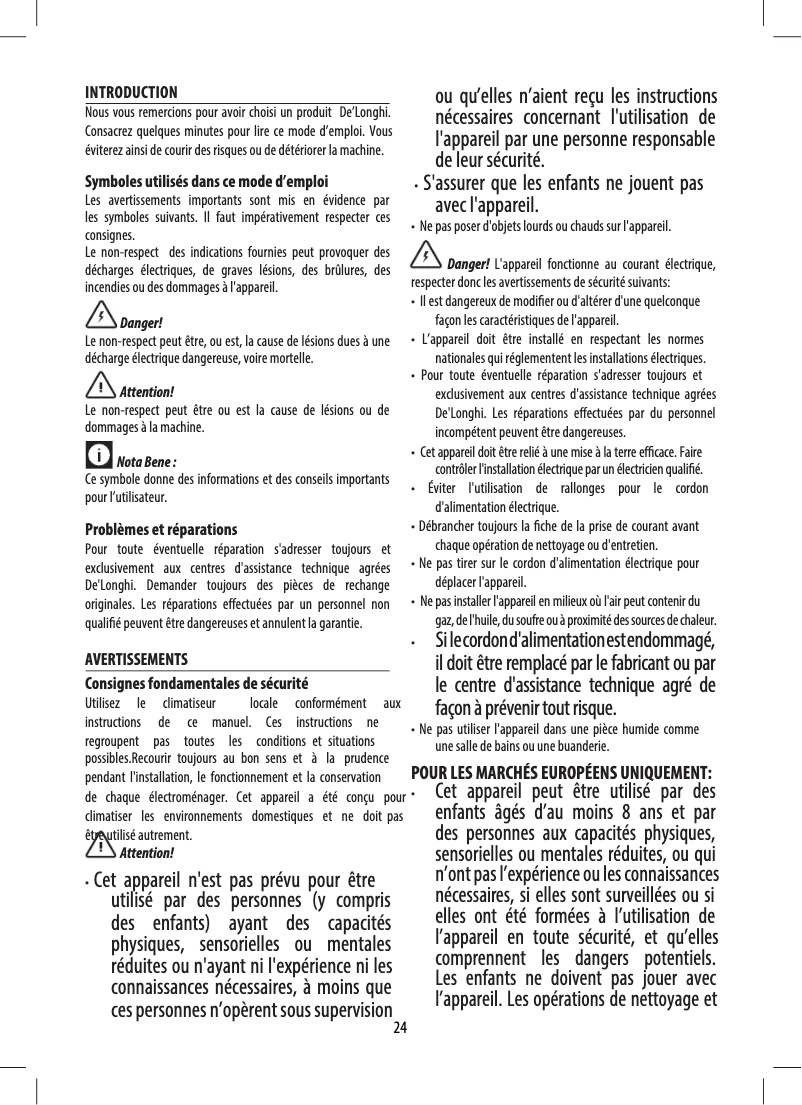 Page 1 de la notice Manuel utilisateur DeLonghi Pinguino PACEX120SILENT