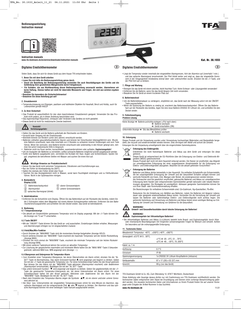 Página 1 del manual Manual de usuario TFA LT-101 30.1033