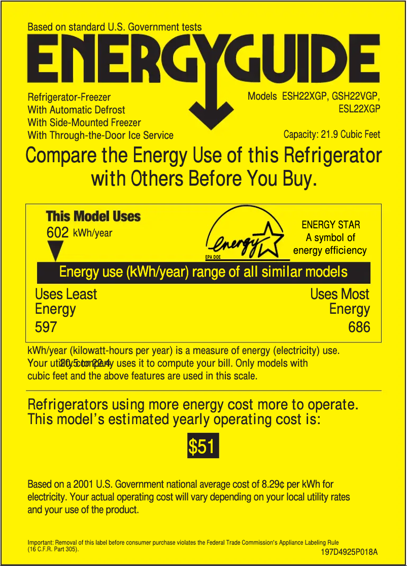 Page 1 de la notice Label énergétique GE GSH22VGPWW