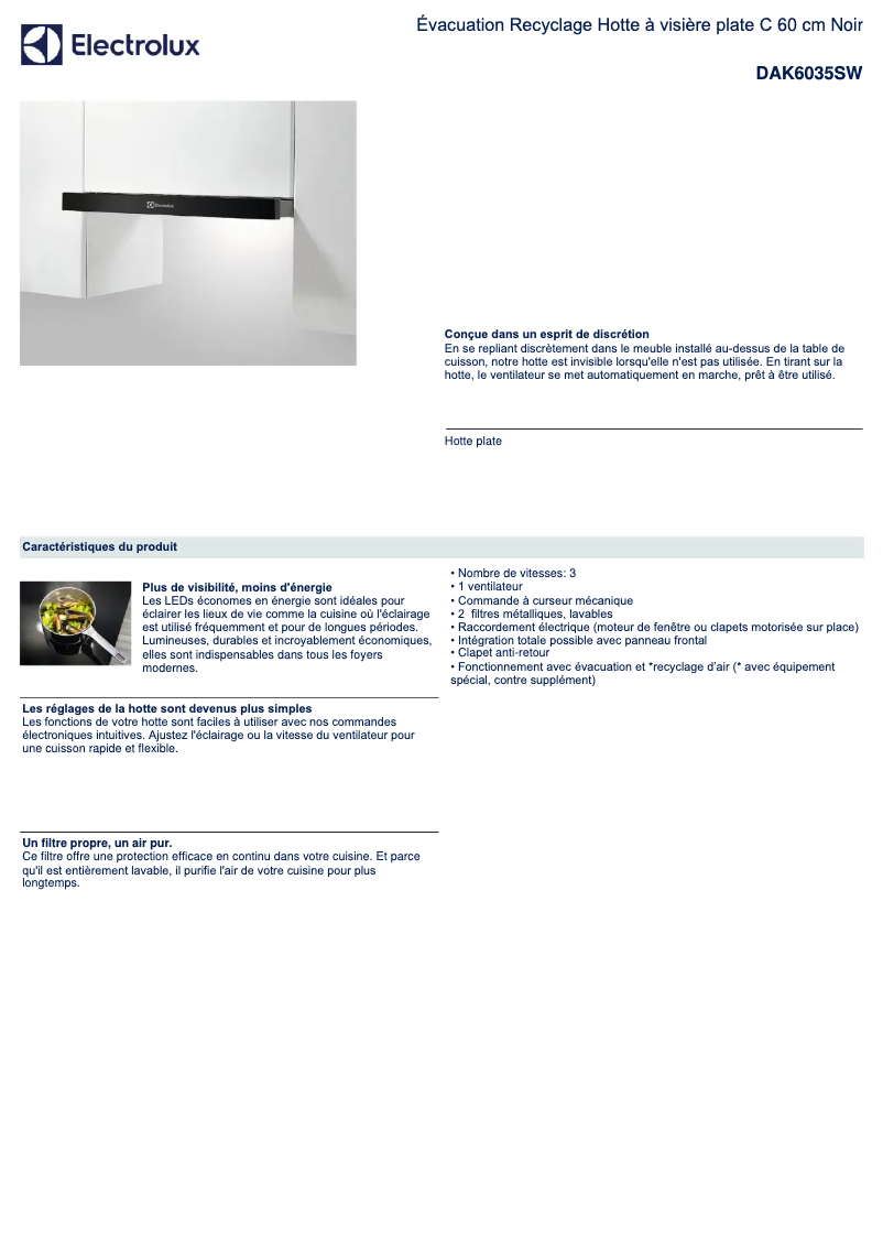 Page 1 de la notice Fiche technique Electrolux DAK6035SW