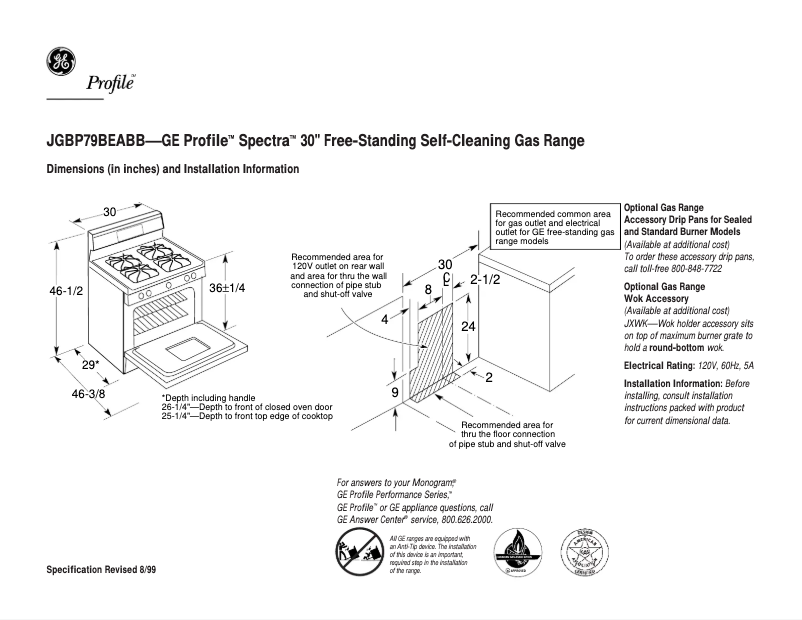 Página 1 del manual Ficha técnica GE Profile Spectra JGBP79BEABB