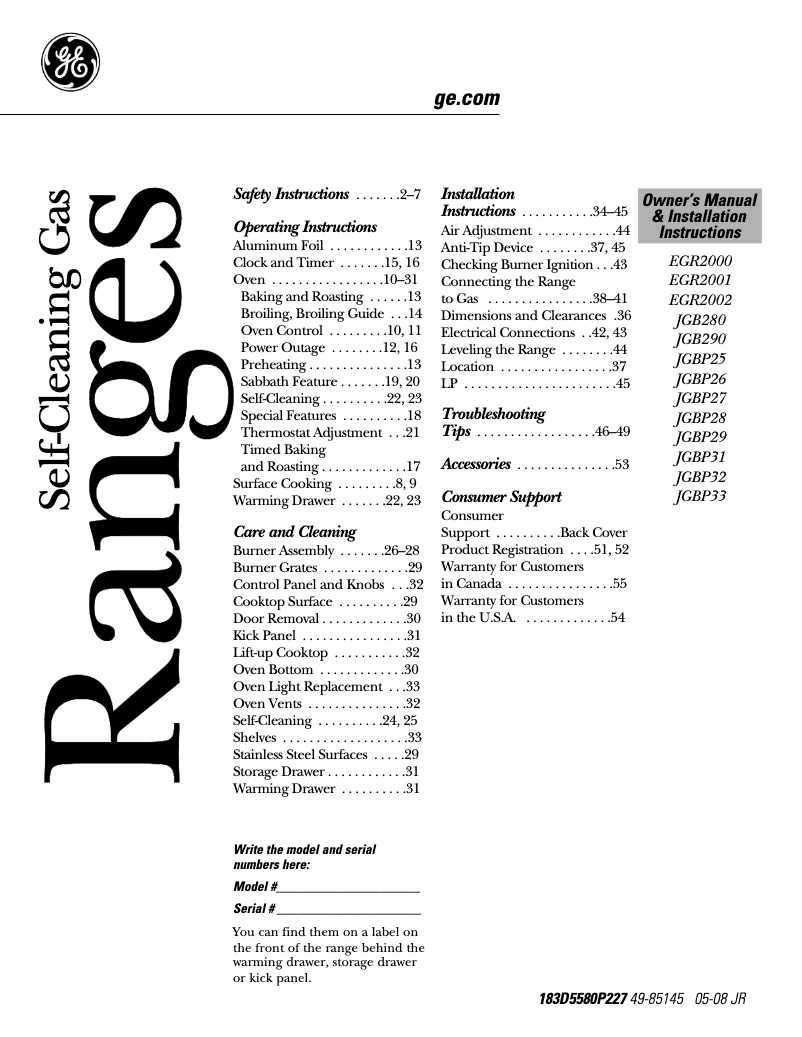 Page 1 of the manual Use and Maintenance Manual GE EGR2000EMCC