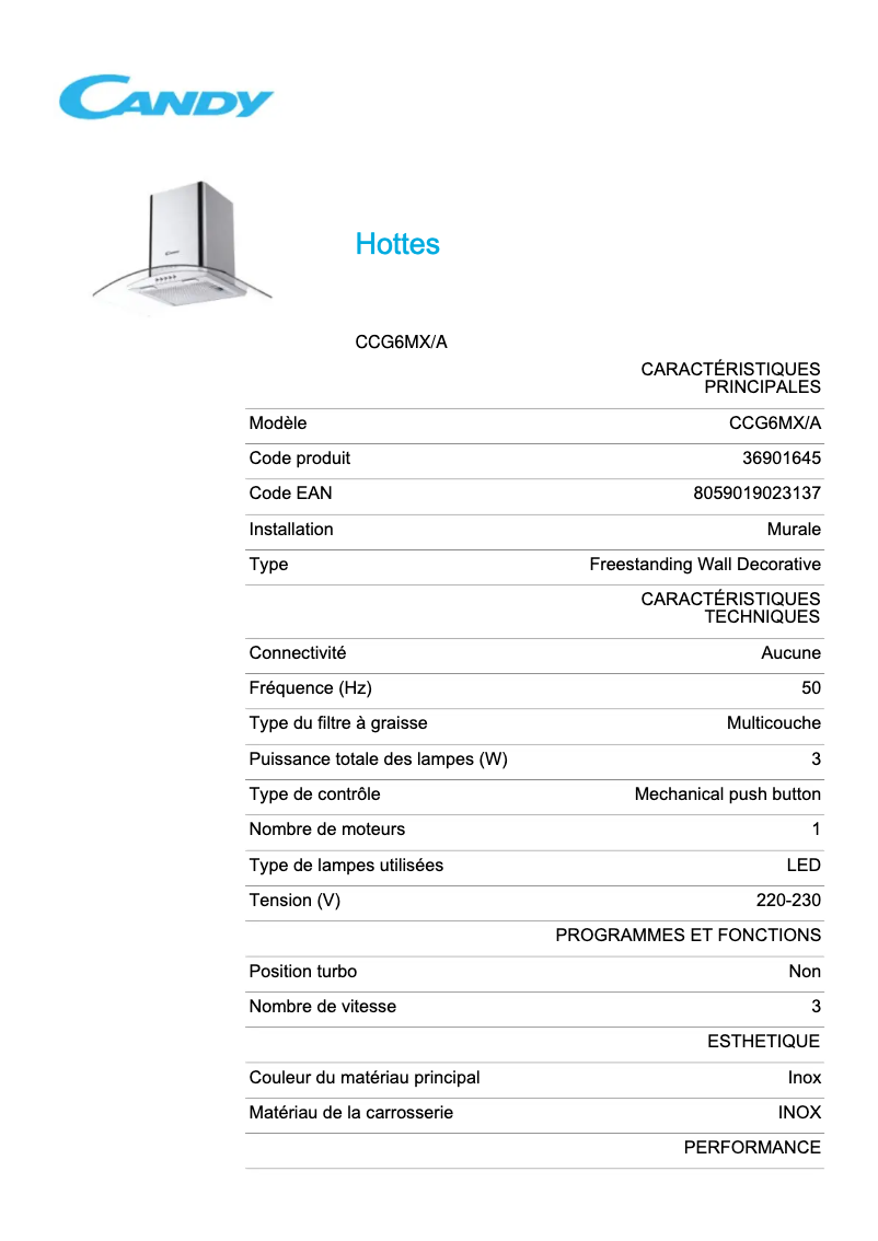 Page 1 de la notice Fiche technique Candy CCG6MX