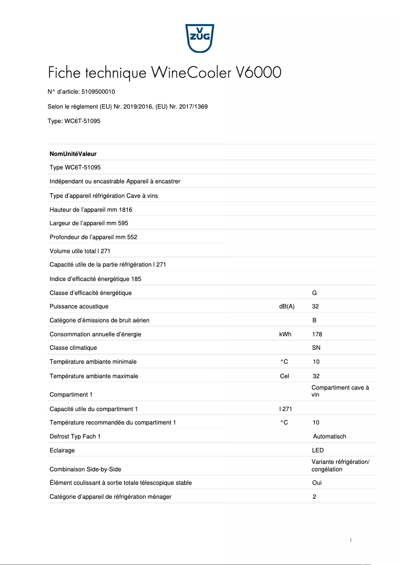 Page n°1 - Fiche technique V-Zug WineCooler V6000