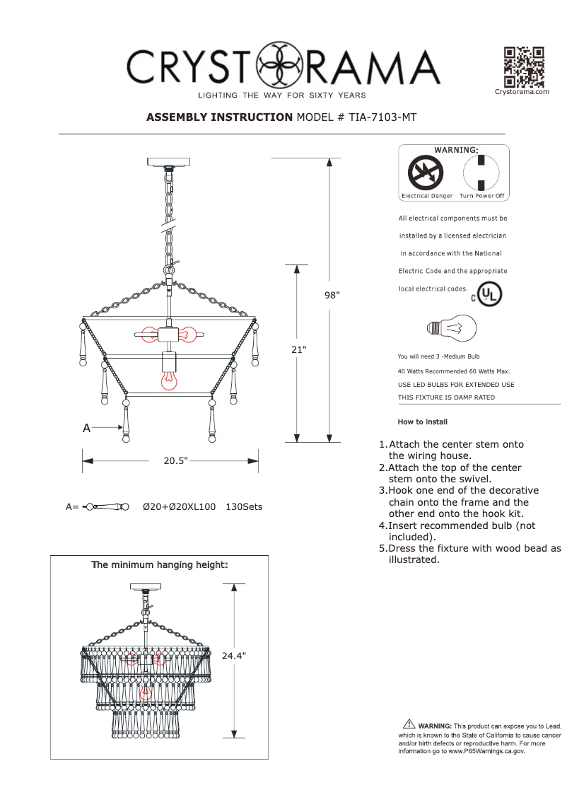 Page 1 de la notice Manuel utilisateur Crystorama Tiana TIA-7103-MT