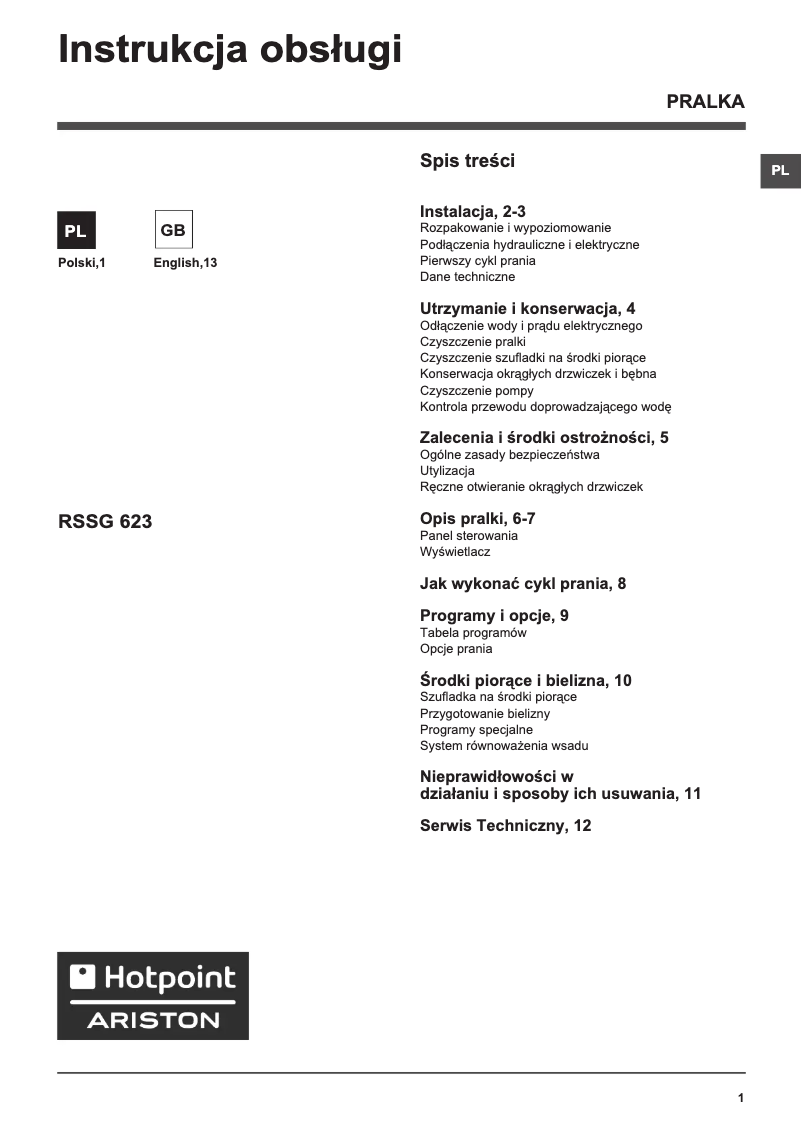 Page n°1 - Manuel utilisateur Hotpoint Ariston RSSG 623 B PL