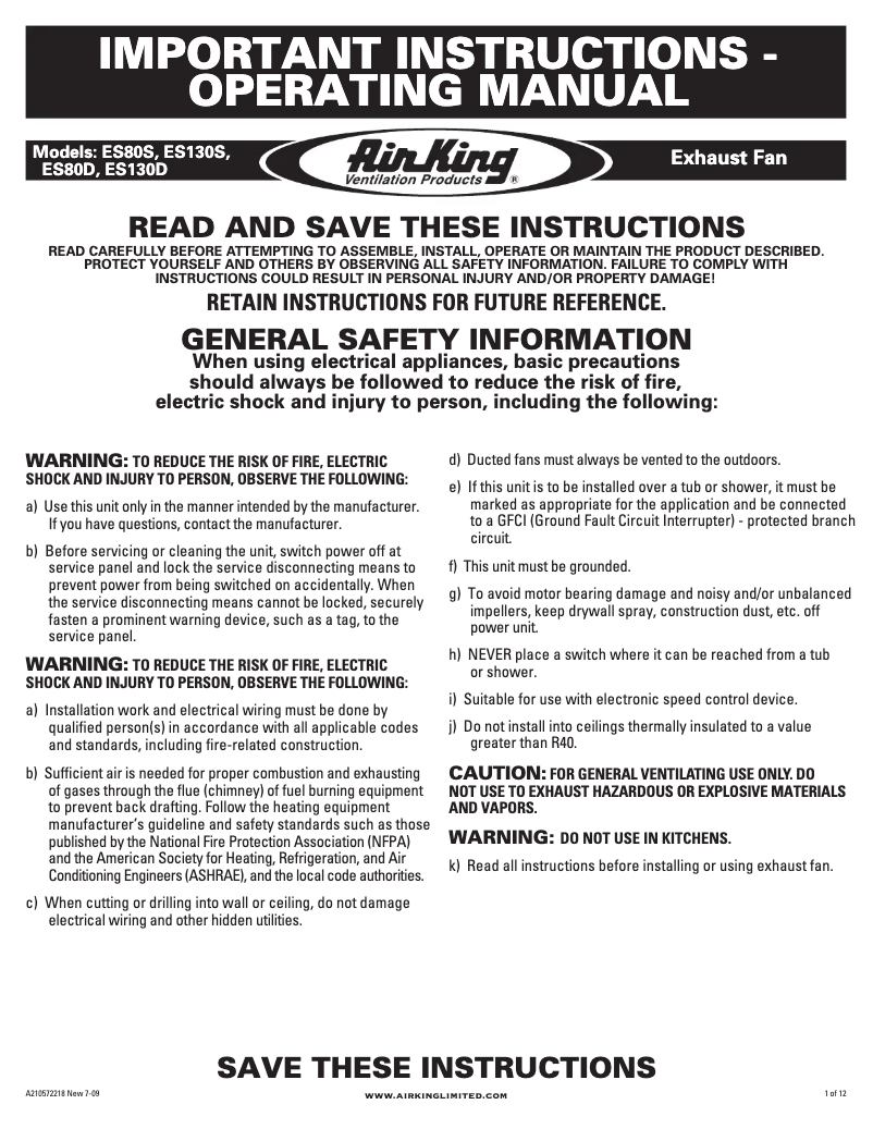 Page 1 de la notice Guide d'installation Air King E130S