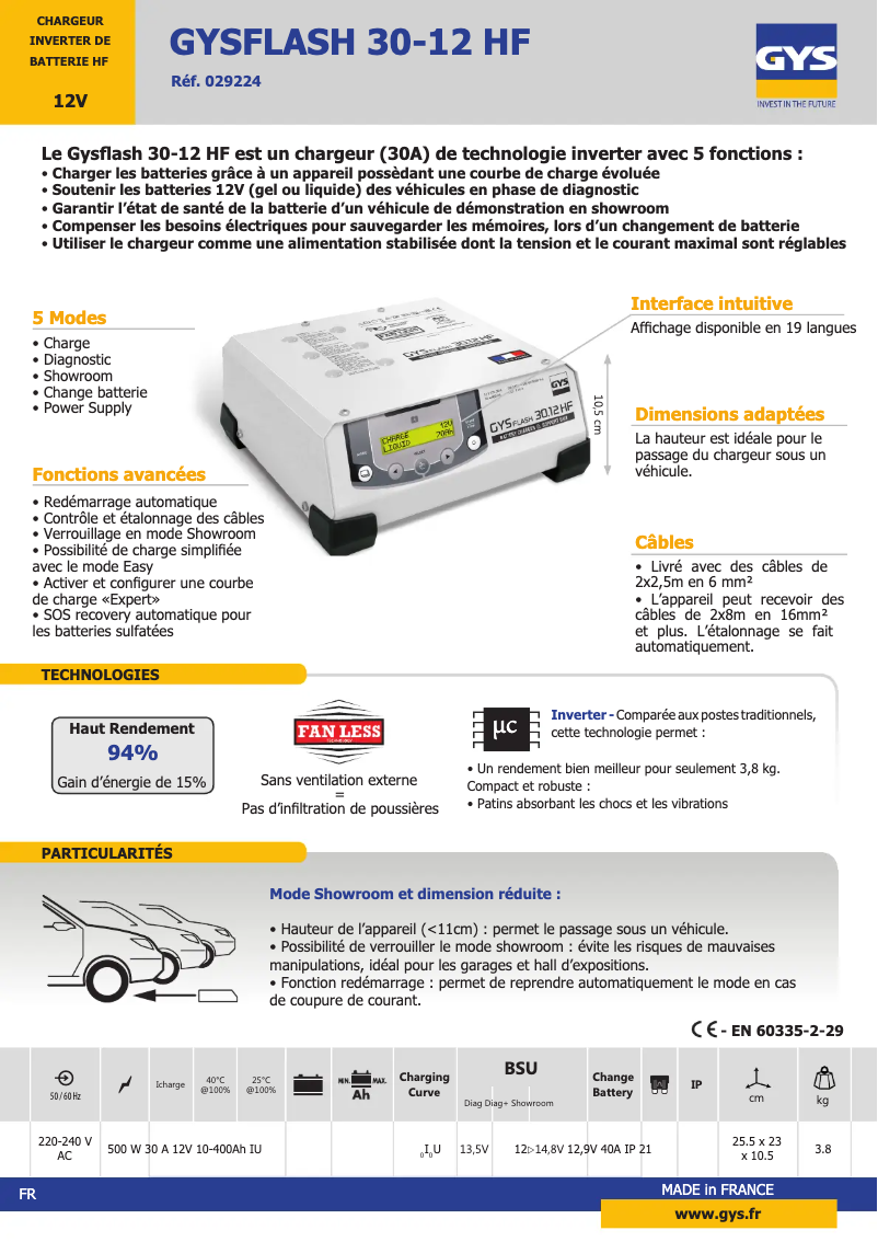 Page 1 de la notice Fiche technique GYS Gysflash 30-12 HF
