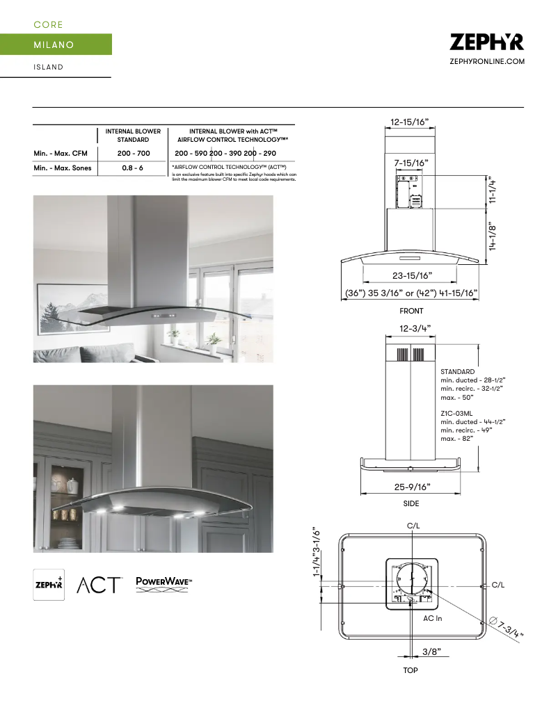 Page 1 de la notice Fiche technique Zephyr ZMLM90CG