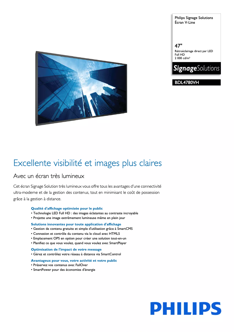 Page n°1 - Fiche technique Philips Signage Solutions BDL4780VH