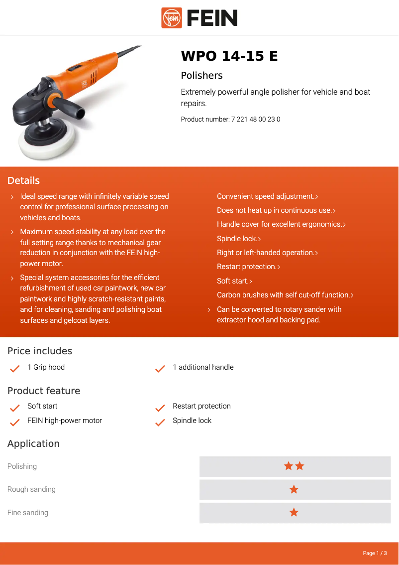 Page 1 de la notice Fiche technique Fein WPO 14-15 E