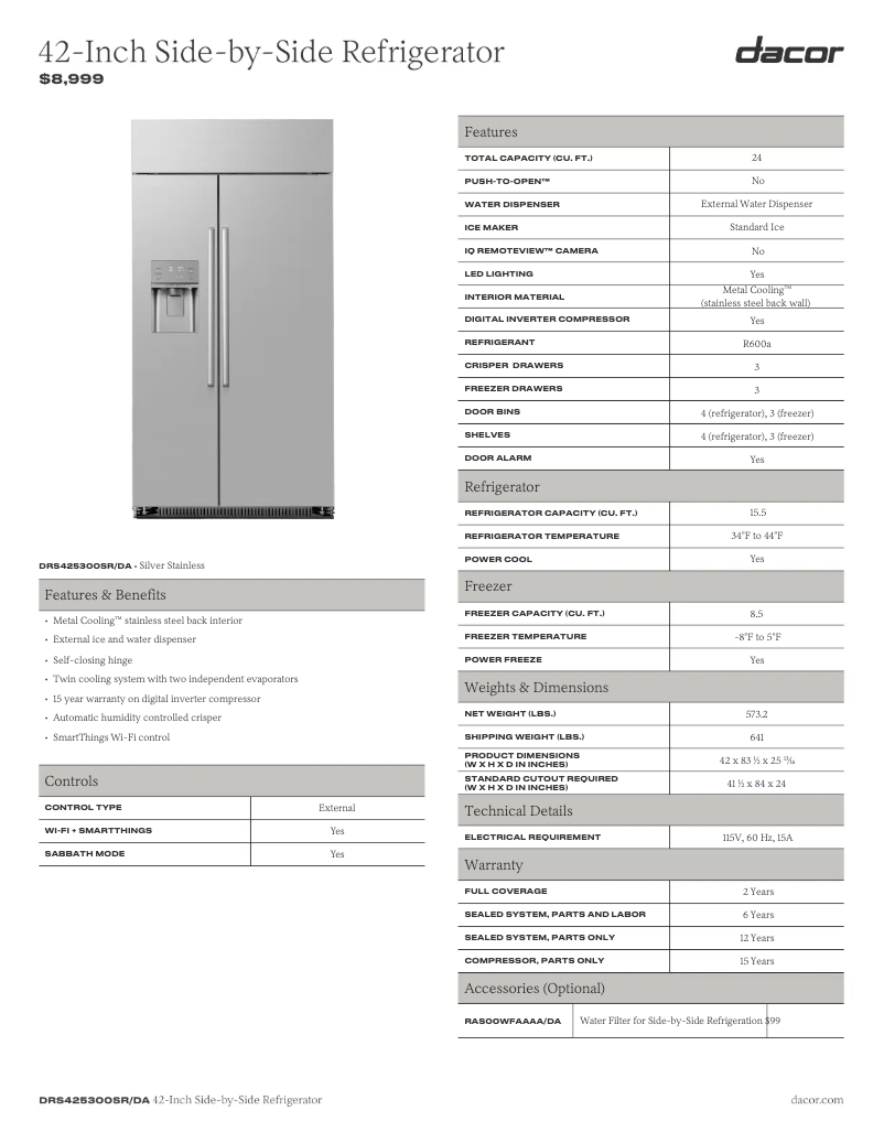 Page 1 de la notice Fiche technique Dacor DRS425300SR