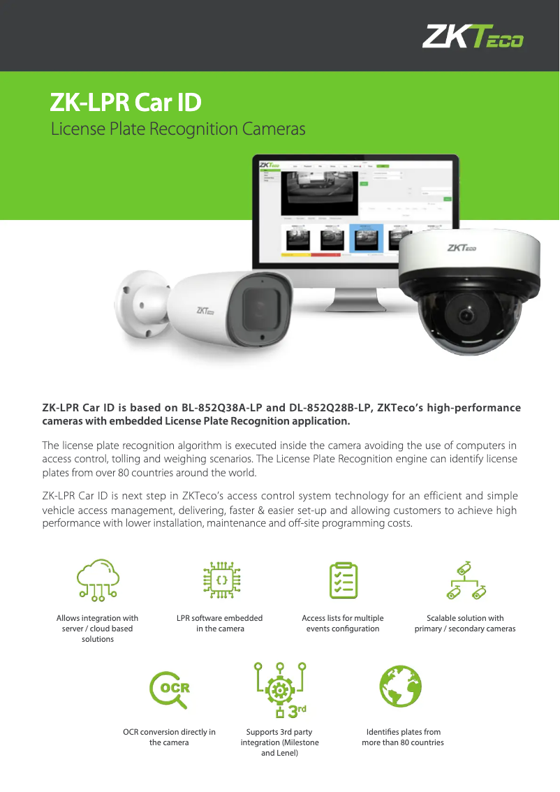 Page 1 de la notice Fiche technique ZKTeco ZK-LPR Car ID