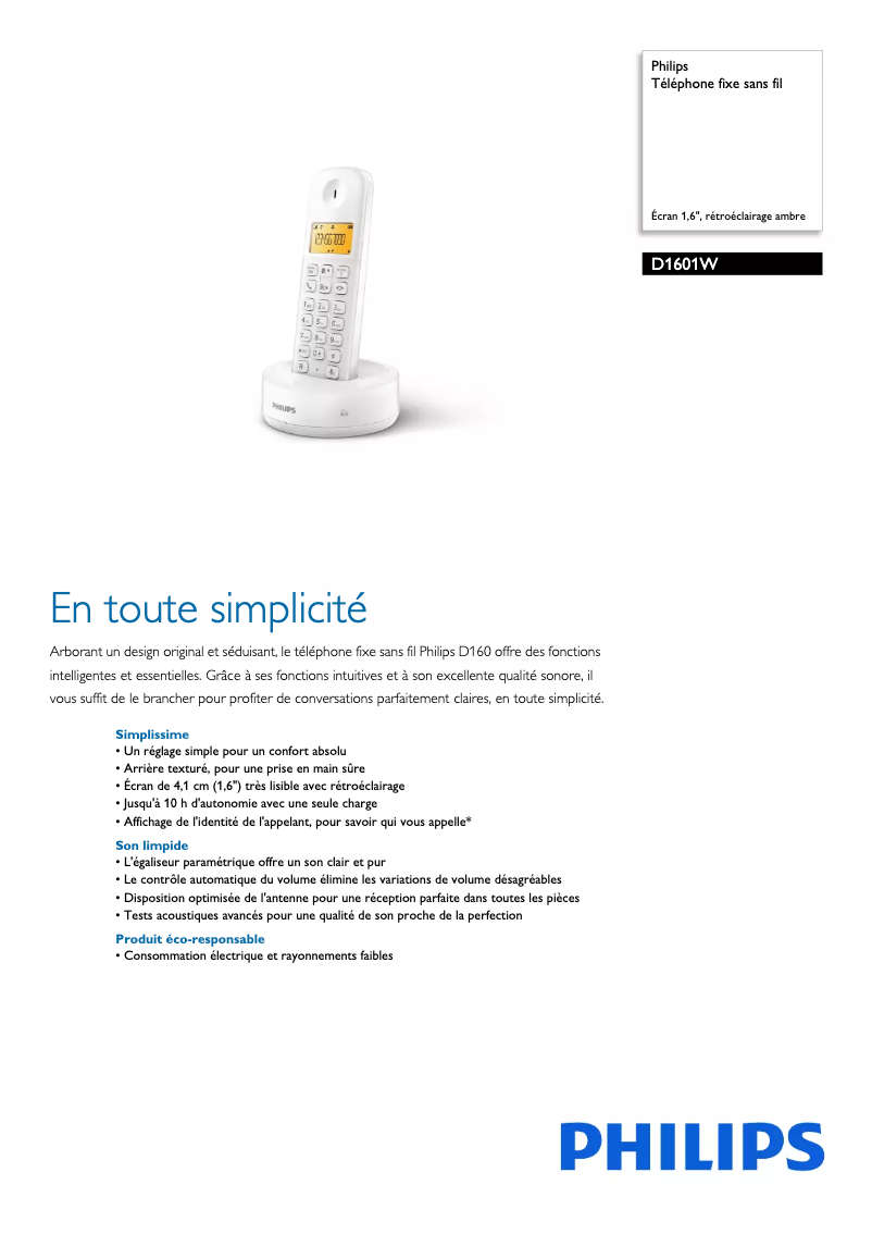 Page 1 de la notice Fiche technique Philips D160