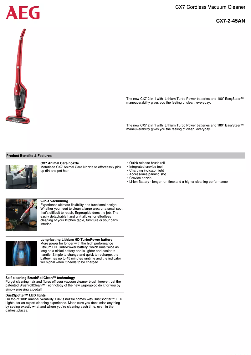 Page 1 de la notice Fiche technique AEG CX7-2-45AN