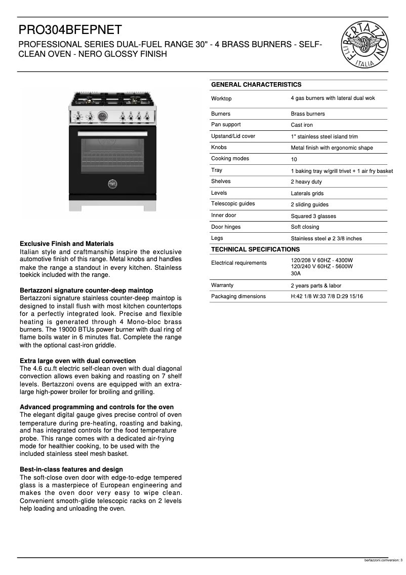 Page 1 de la notice Fiche technique Bertazzoni PRO304BFEPNET