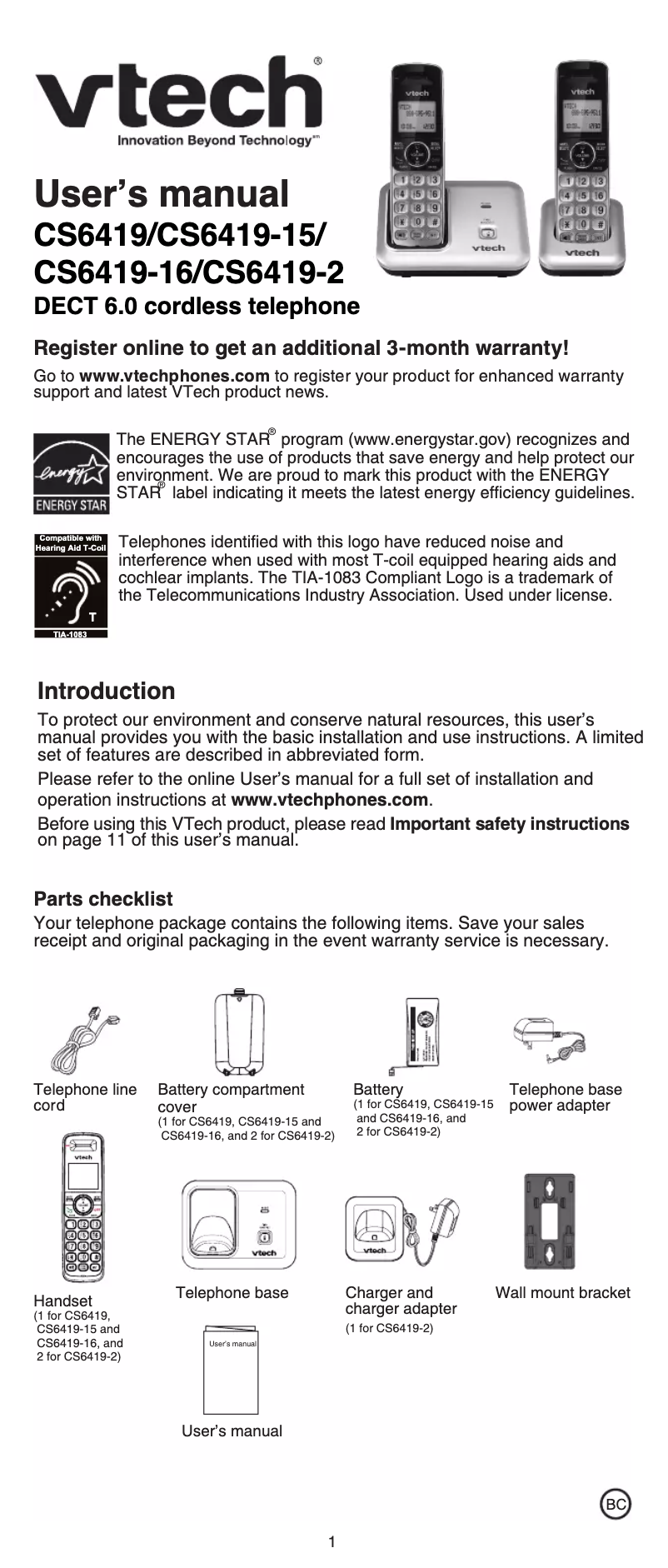 Page 1 de la notice Manuel utilisateur Vtech CS6419