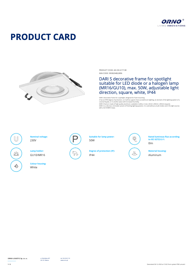 Page 1 de la notice Fiche technique Adviti AD-OD-6171/W
