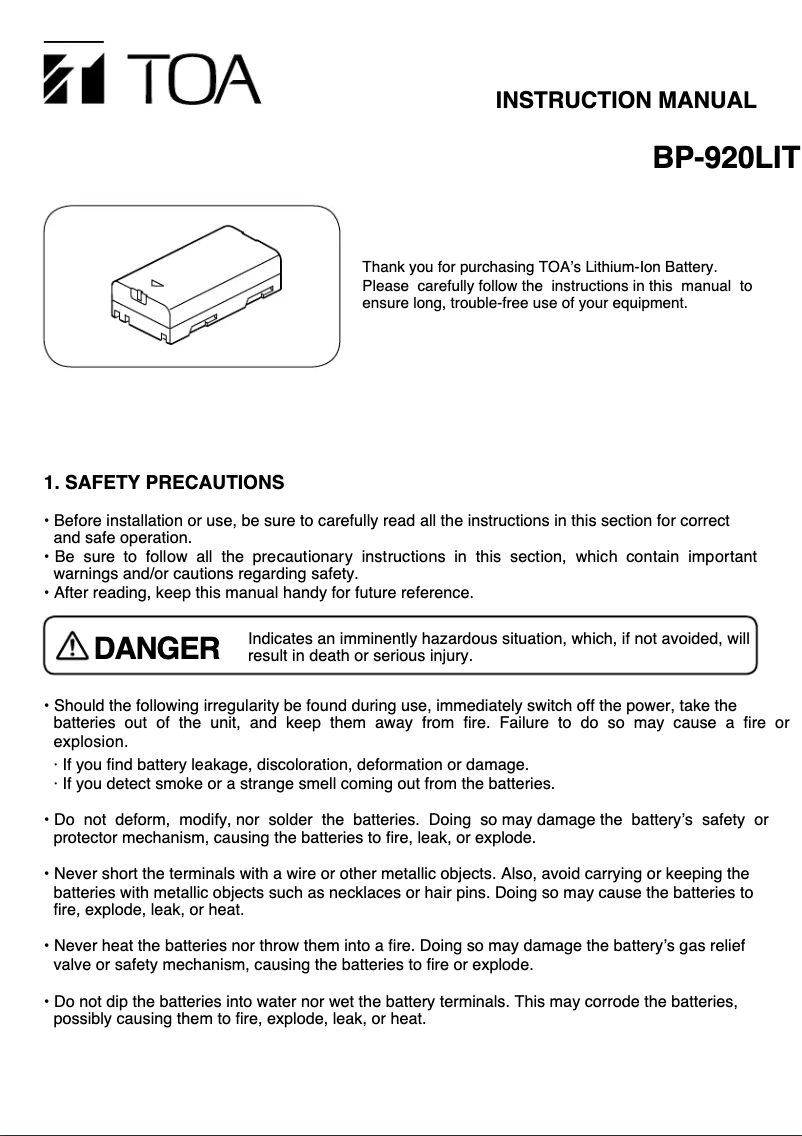 Page 1 de la notice Manuel utilisateur TOA BP-920