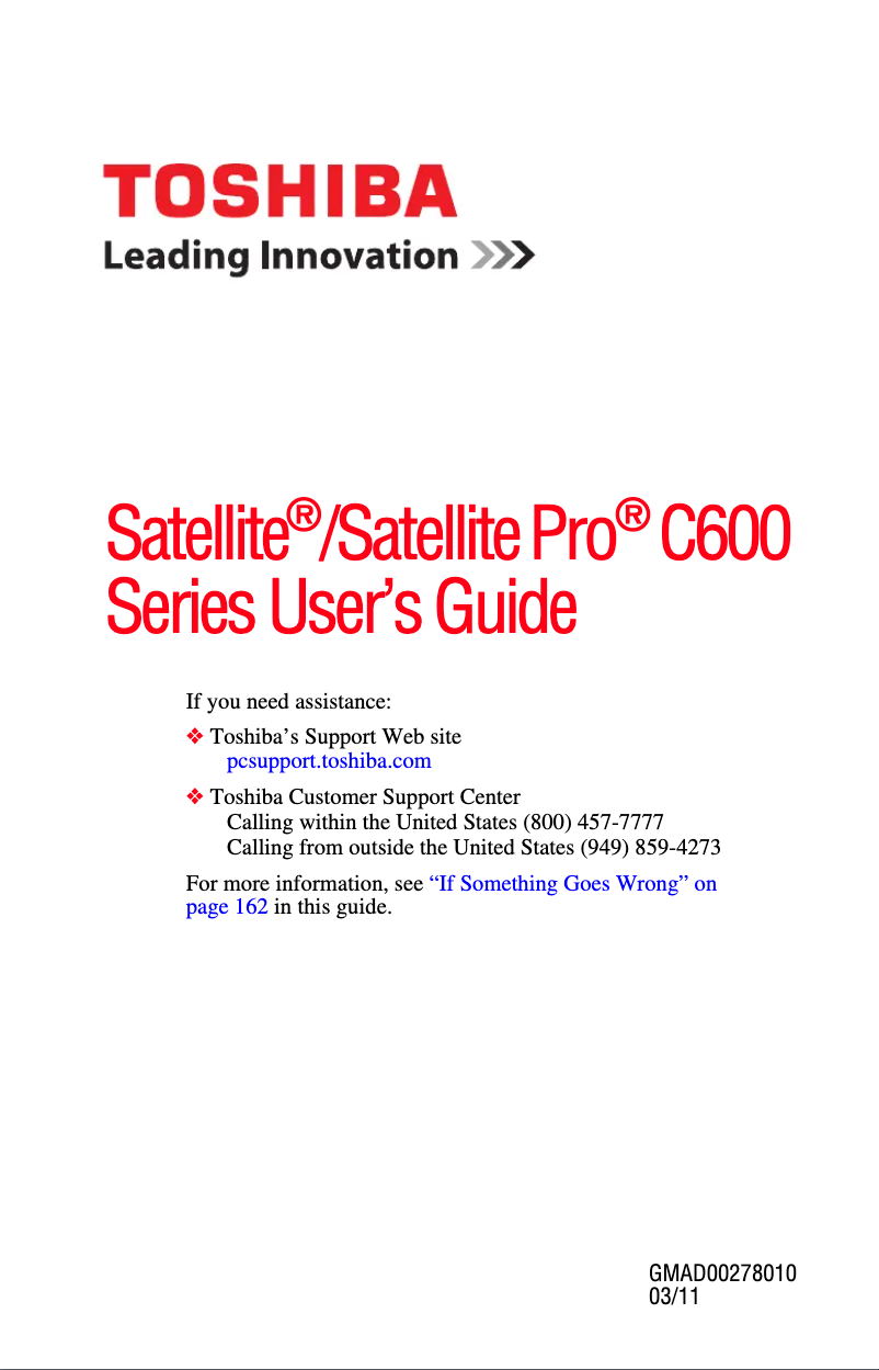 Page 1 de la notice Manuel utilisateur Toshiba Satellite Pro C600