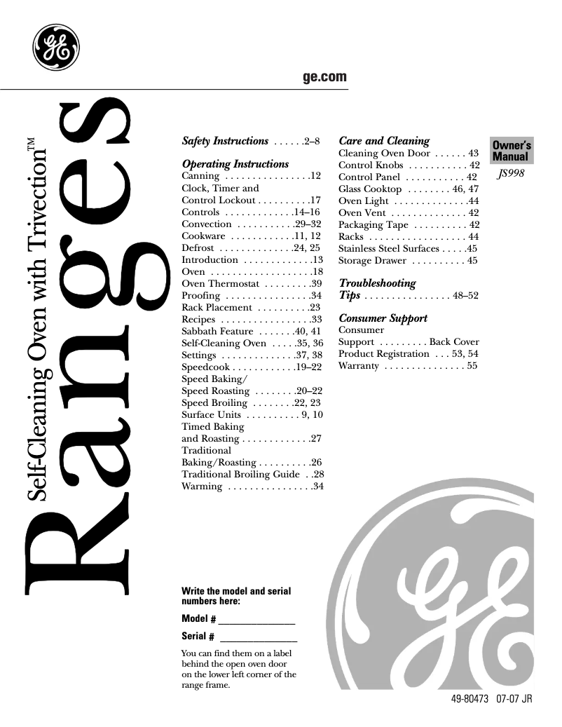Page n°1 - Manuel d'utilisation et d'entretien GE Profile JS998THWW