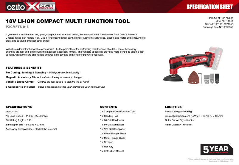Page 1 de la notice Fiche technique Ozito PXCMFTS-018