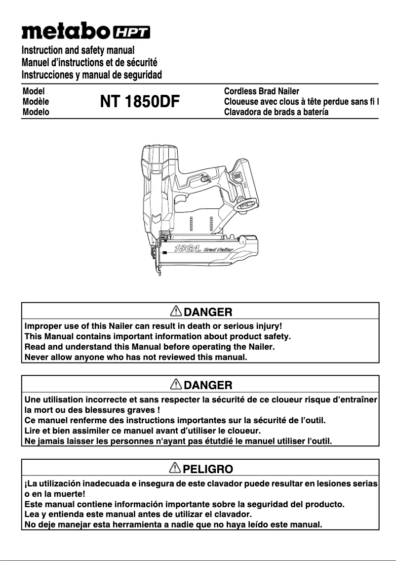 Page 1 de la notice Manuel utilisateur HiKOKI NT1850DF